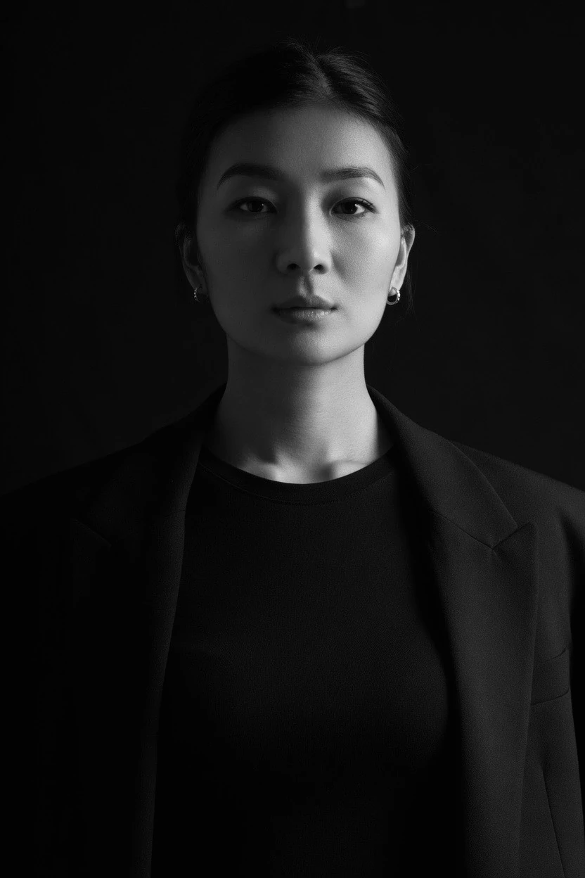 Black-and-white portrait of Khalinur Marupova against a dark background